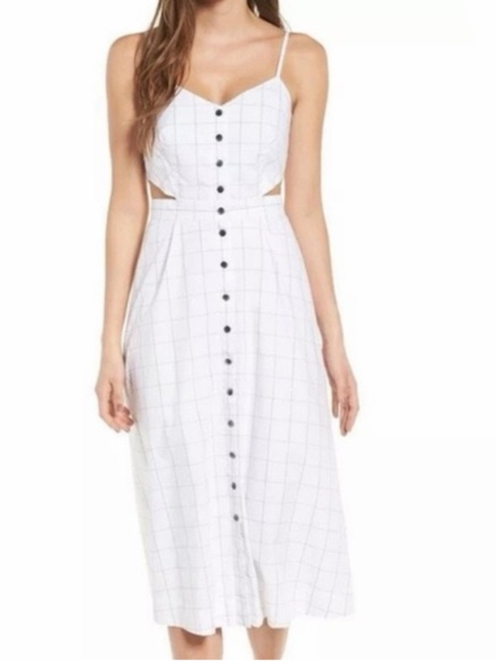 Madewell White Windowpane Button-Front Midi Dress with Cutouts